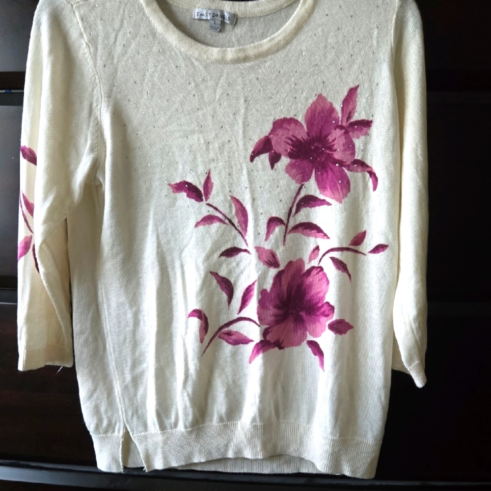 Cream and Pink Crew Neck Sweater with Floral Design